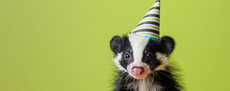 A cute skunk in a striped birthday party hat, against a lime green background, looking mischievous and cute.の素材