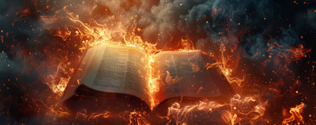 A fiery depiction of an open book being consumed by flames, with glowing embers and dense smoke enveloping the scene.の素材