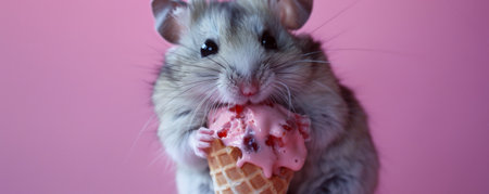 A cute hamster nibbling on a strawberry ice cream cone, set against a lavender backdrop. The hamster's tiny paws grip the cone, and the ice cream is dripping slightly.の素材