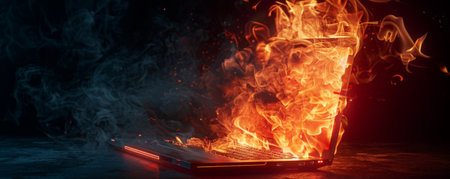 A laptop in flames with glowing embers and rising smoke, isolated on a stark black background, highlighting the drama and destruction.の素材