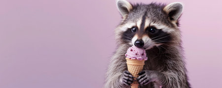A cute raccoon holding a peanut butter and jelly ice cream cone, sitting against a pastel purple backdrop. The raccoon's fur is fluffy, and the ice cream looks fun.の素材