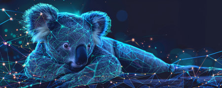 A digital wireframe of a resting koala, with polygonal shapes and connecting lines and points creating a modern, cute design.の素材