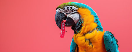 A happy parrot holding a gummy worm in its beak, set against a coral pink backdrop. The parrot's feathers are vibrant, and the gummy worm is bright and colorful.の素材