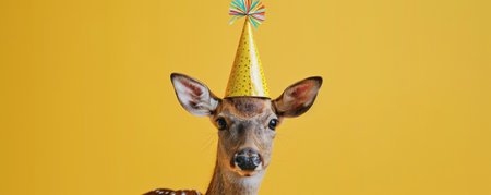 A playful deer with a birthday party hat, isolated on a sunny yellow background, looking elegant and festive.の素材