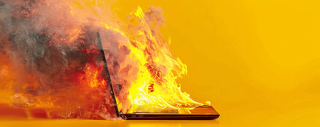 A laptop engulfed in bright flames, with thick smoke rising, isolated on a bright yellow background, creating a striking visual contrast.の素材