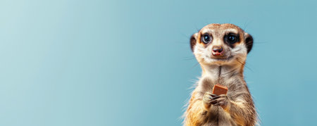 A playful meerkat with a piece of chocolate, standing against a light blue backdrop. The meerkat's eyes are bright, and the chocolate looks rich and sweet.の素材