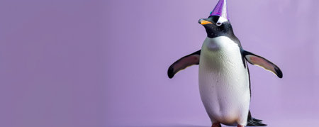 A funny penguin wearing a birthday party hat, isolated on a purple background, waddling happily.の素材