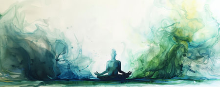 A peaceful watercolor painting featuring a figure in lotus pose, enveloped by a vibrant, abstract aura of greens and blues, set against a white background.の素材