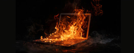 A laptop in flames with glowing embers and rising smoke, isolated on a stark black background, highlighting the drama and destruction.の素材