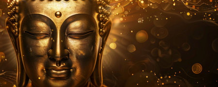 A peaceful golden Buddha face with a calm demeanor, softly illuminated against a dark brown background.の素材