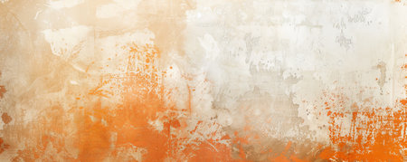 A textured wall background with abstract designs in shades of orange and white, evoking a sense of warmth and simplicity.の素材