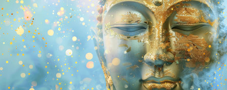 A tranquil golden Buddha face with fine details, illuminated against a soft, pastel blue background.の素材