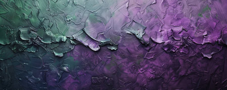 A textured wall background with abstract shapes in shades of purple and green, giving a modern and artistic feel.の素材