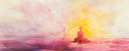 A tranquil watercolor showing a figure in lotus pose, surrounded by a gentle, abstract aura of light pinks and yellows, symbolizing inner peace.の素材