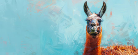 A regal llama with wool in rich autumnal colors such as deep red, burnt orange, and golden yellow, set against a light blue backdrop. The warm wool colors create a beautiful contrast with the cool background.の素材