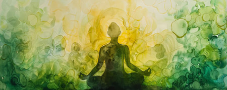A tranquil watercolor painting of a figure in lotus pose, enveloped by a luminous, abstract aura of greens and yellows, symbolizing growth and enlightenment.の素材