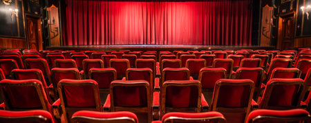 A traditional theater auditorium with rows of comfortable, red-velvet chairs, wooden armrests, and an ornate stage curtain. The classic furniture and decor create a timeless appeal.の素材