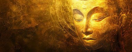 A serene golden Buddha face with intricate patterns, glowing softly against a deep, textured background.の素材