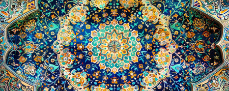A traditional Persian mosaic wall adorned with intricate geometric and floral designs in a vivid color palette including deep blues, bright greens, and gold, highlighting the artistic traditions and cultural richness.の素材