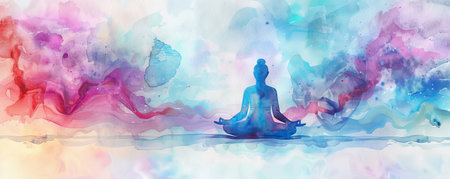 A watercolor painting of a person in lotus pose, surrounded by an abstract, glowing aura of vibrant blues and purples, set against a soft, pastel background.の素材