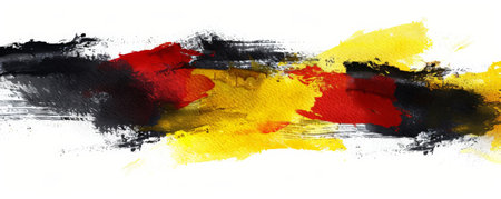 Abstract watercolor brushstroke paint brush splash in the colors of the Belgian flag, black, yellow, and red, isolated on white texture.の素材