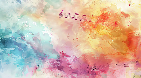 An abstract watercolor background with vibrant hues and musical notes softly integrated, evoking a sense of lyrical beauty.の素材