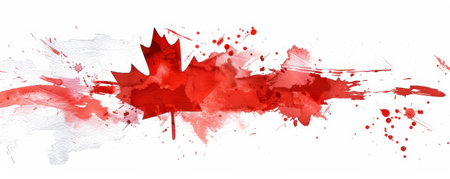 Abstract watercolor brushstroke paint brush splash in the colors of the Canadian flag, red and white, isolated on white texture.の素材