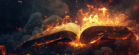 A vivid depiction of an open book burning, with intense flames, glowing embers scattering, and thick, dark smoke swirling around.の素材