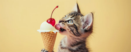 An adorable kitten licking a vanilla ice cream cone with a cherry on top, set against a pastel yellow backdrop. The kitten's fur is soft, and the ice cream looks delicious.の素材
