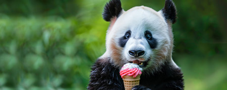 An adorable panda bear holding a strawberry and vanilla twist ice cream cone, set against a green backdrop. The panda's fur is fluffy, and the ice cream looks delicious.の素材
