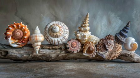 An arrangement of different types of seashells on a piece of driftwood, showing their intricate textures and natural colors.の素材