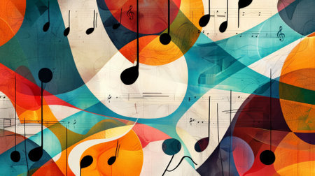 An abstract, colorful background with a mix of bold shapes and subtle sheet music notes, evoking a sense of creativity and rhythm.の素材