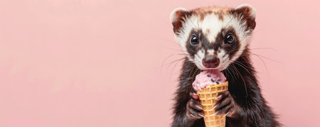 An adorable ferret holding a cookies and cream ice cream cone, set against a soft pink backdrop. The ferret's fur is sleek, and the ice cream looks tasty.の素材