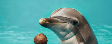 An adorable dolphin holding a chocolate truffle with its fin, set against a turquoise backdrop. The dolphin's skin is smooth, and the truffle looks luxurious.の素材