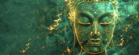 An artistic golden Buddha face with intricate patterns, softly glowing against a muted green background.の素材