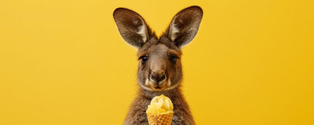 An adorable kangaroo joey holding a passion fruit ice cream cone, set against a bright yellow backdrop. The joey's ears are perked, and the ice cream looks tropical and tasty.の素材