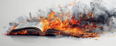 An open book engulfed in flames, with fiery embers and swirling smoke, set against a white background, creating a striking contrast.の素材