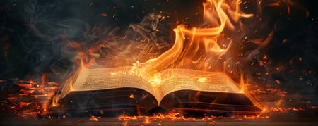 An open book burning fiercely, with intense flames, glowing embers scattering, and thick smoke swirling around the scene.の素材