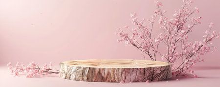 Beautifully aged wooden podium with natural imperfections, ideal for presenting unique products, set against a soft pink background. The pastel color highlights the wood's charm.の素材