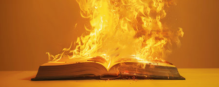 An open book on fire, with fiery flames and thick smoke rising, isolated on a bright yellow background, creating a striking visual effect.の素材