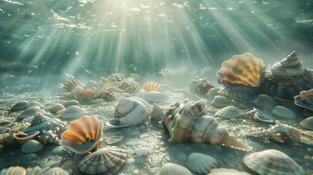 An underwater view of seashells resting on the ocean floor, with shafts of sunlight filtering through the water and creating a magical atmosphere.の素材