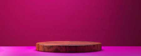 Antique wooden podium with a smooth, polished surface, ideal for presenting luxury goods, set against a bold magenta background. The vibrant color enhances the podium's timeless appeal.の素材