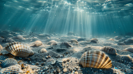 An underwater view of seashells resting on the ocean floor, with shafts of sunlight filtering through the water and creating a magical atmosphere.の素材