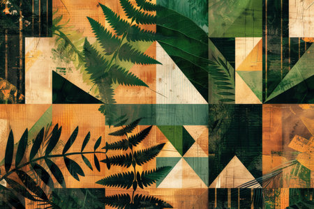 Canvas poster with geometric shapes in forest greens and earthy browns, featuring natural patterns and organic designs in a woodland wallpaper styleの素材