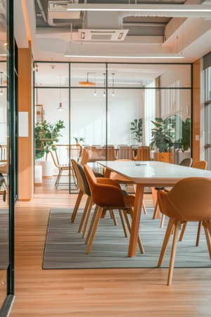 Bright and airy coworking office with minimalist decor, clean lines, and ample workspace for teams and individualsの素材