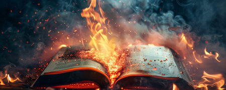 An open book set on fire, with bright flames consuming the pages, glowing embers flying off, and thick smoke curling around.の素材