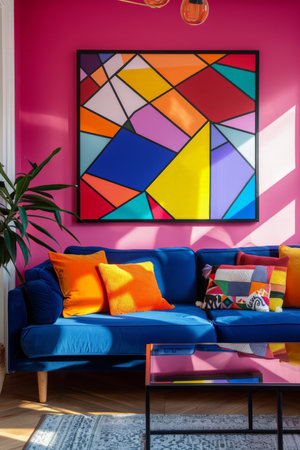 Canvas poster with geometric shapes in bright, vibrant colors, showcasing lively patterns and dynamic designs in a festive wallpaper styleの素材