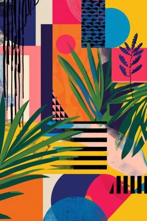 Canvas poster with geometric shapes in bright, tropical colors, featuring playful patterns and lively designs in a festive wallpaper styleの素材