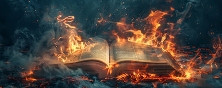 An open book on fire, with bright flames engulfing the pages, embers glowing hot, and smoke swirling dramatically around the scene.の素材