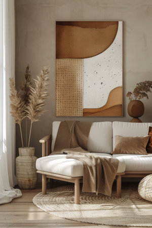 Canvas poster with geometric shapes in earthy, natural shades, showcasing organic patterns and serene designs in a zen wallpaper styleの素材